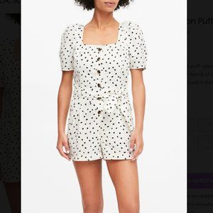 Banana Republic White Linen-Cotton Puff-Sleeve Romper w/ Tie Waist Sz 4